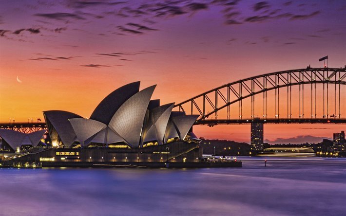 Sydney, Teatro Musical, la &#211;pera de S&#237;dney, el Puente del Puerto, puesta de sol, noche, paisaje de la ciudad de Sydney, lugar de inter&#233;s, Ocean&#237;a, Australia
