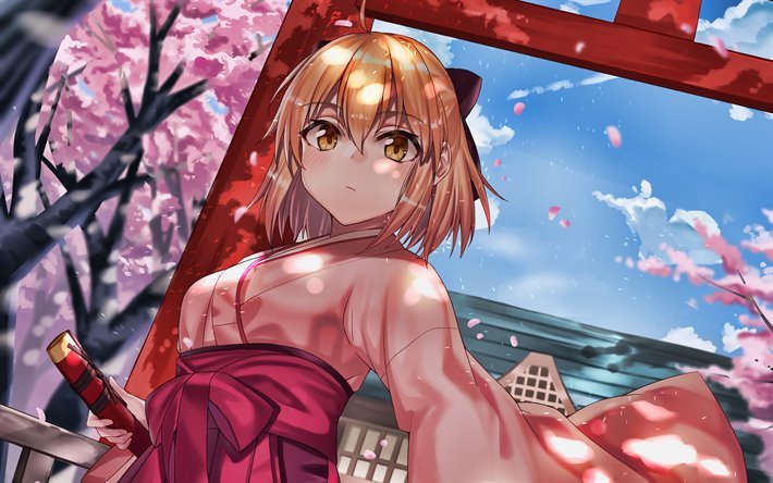 4k, Sakura Saber, le printemps, le Destin de la S&#233;rie, Sort le Grand Ordre, de fleurs de Cerisier Saber, Sakura Seiba, TYPE-MOON
