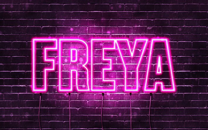 Freya, 4k, wallpapers with names, female names, Freya name, purple neon lights, horizontal text, picture with Freya name