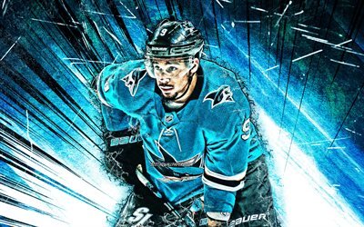 Evander Kane, grunge sanat, NHL San Jose Sharks hokey yıldızlar, Kane K&#246;pekbalıkları, mavi soyut ışınları, hokey, ABD, hokey oyuncuları