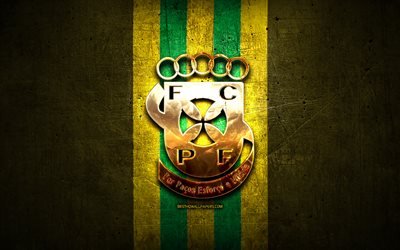 Ferreira FC, golden logo, Primeira Liga, yellow metal background, football, FC Pacos de Ferreira, portuguese football club, Ferreira logo, soccer, Portugal