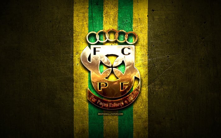 Ferreira FC, golden logotyp, Premier League, gul metall bakgrund, fotboll, FC Pacos Ferreira, portugisiska football club, Ferreira logotyp, Portugal