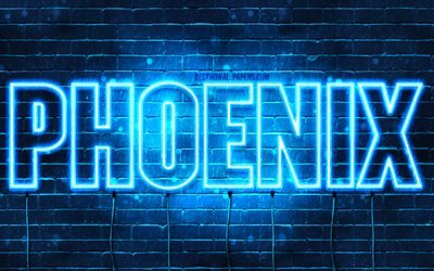 Phoenix, 4k, fondos de pantalla con los nombres, el texto horizontal, Phoenix nombre, luces azules de ne&#243;n, de la imagen con el nombre de Phoenix