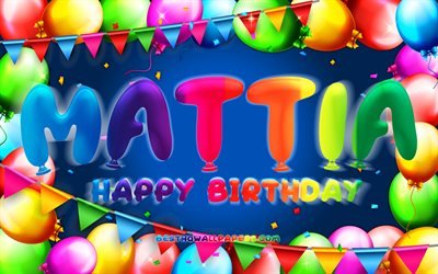 お誕生日おめでMattia, 4k, カラフルバルーンフレーム, Mattia名, 青色の背景, Mattiaお誕生日おめで, Mattia誕生日, 人気のイタリア男の子の名前, 誕生日プ, Mattia