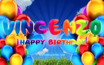 Vincenzo Happy Birthday, 4k, cloudy sky background, popular italian male names, Birthday Party, colorful ballons, Vincenzo name, Happy Birthday Vincenzo, Birthday concept, Vincenzo Birthday, Vincenzo