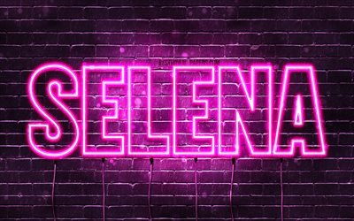 Selena, 4k, pap&#233;is de parede com os nomes de, nomes femininos, Selena nome, roxo luzes de neon, texto horizontal, foto com Selena nome