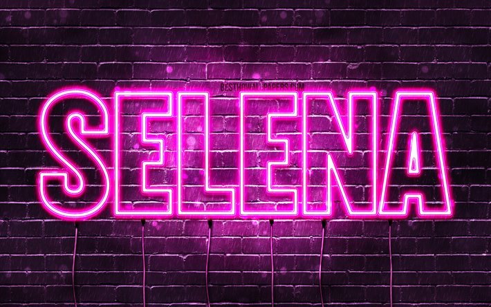 Selena, 4k, des fonds d&#39;&#233;cran avec des noms, des noms f&#233;minins, Selena nom, de violet, de n&#233;ons, le texte horizontal, image avec Selena nom