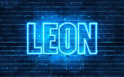 Leon, 4k, pap&#233;is de parede com os nomes de, texto horizontal, Leon nome, luzes de neon azuis, imagem com Leon nome