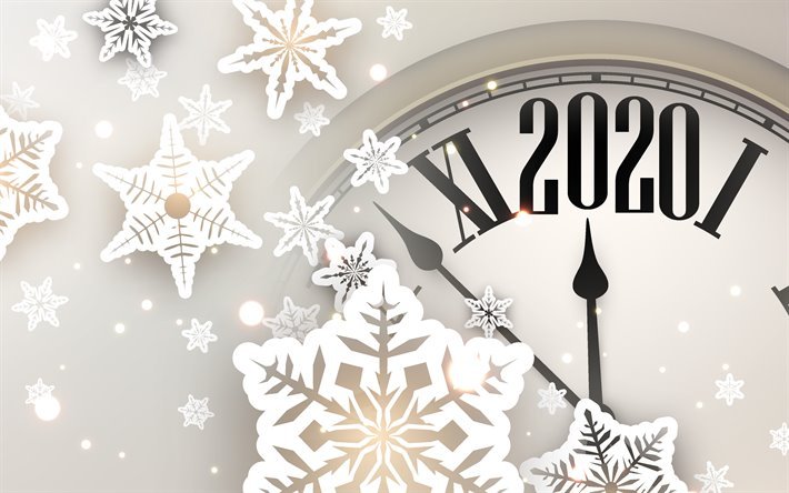 2020 com o rel&#243;gio, 4k, flocos de neve, Feliz Ano Novo 2020, decora&#231;&#245;es de natal, 2020 arte abstrata, 2020 conceitos, 2020 no fundo branco, 2020 d&#237;gitos do ano