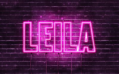 Leila, 4k, taustakuvia nimet, naisten nimi&#228;, Leila nimi, violetti neon valot, vaakasuuntainen teksti, kuva Leila nimi