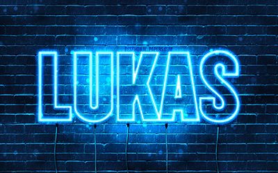 Lukas, 4k, taustakuvia nimet, vaakasuuntainen teksti, Lukas nimi, blue neon valot, kuva Lukas nimi