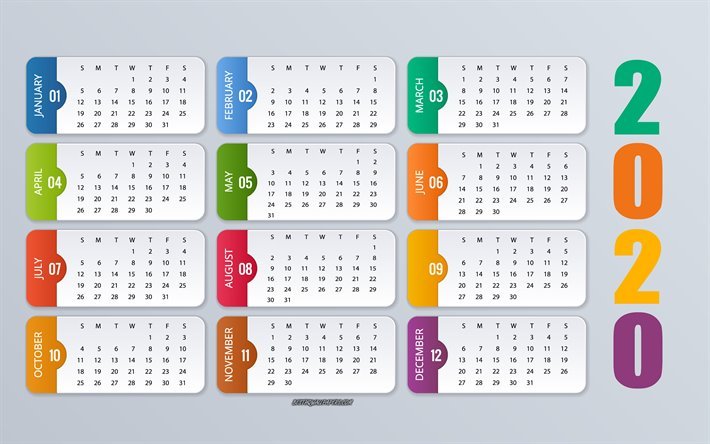 2020 abstrakten kalender alle monate, papier-elemente, 2020 kalender, grauer hintergrund, kalender 2020 alle monate, kreative hintergrund