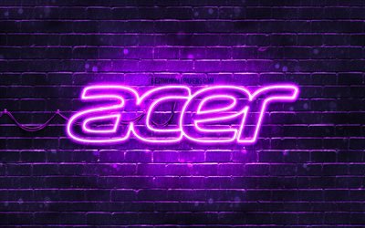 Acer紫ロゴ, 4k, 紫brickwall, エイサーロゴ, ブランド, Acerネオンのロゴ, Acer