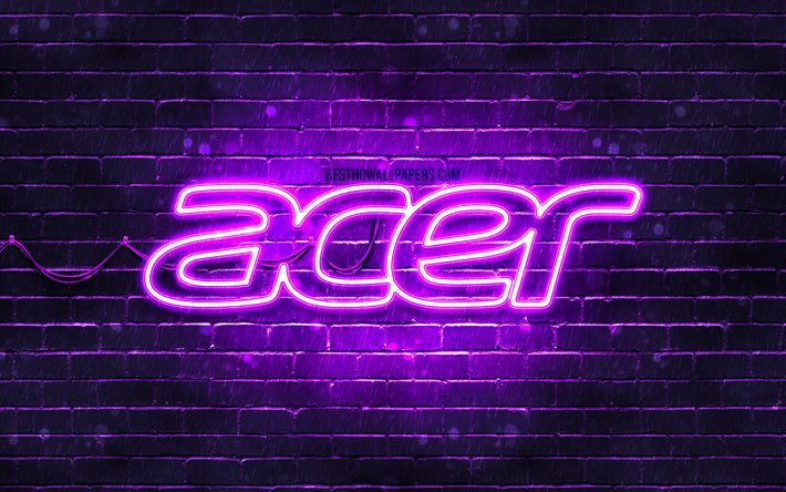 Acer viola logo, 4k, viola, brickwall, logo Acer, marche, Acer neon logo Acer