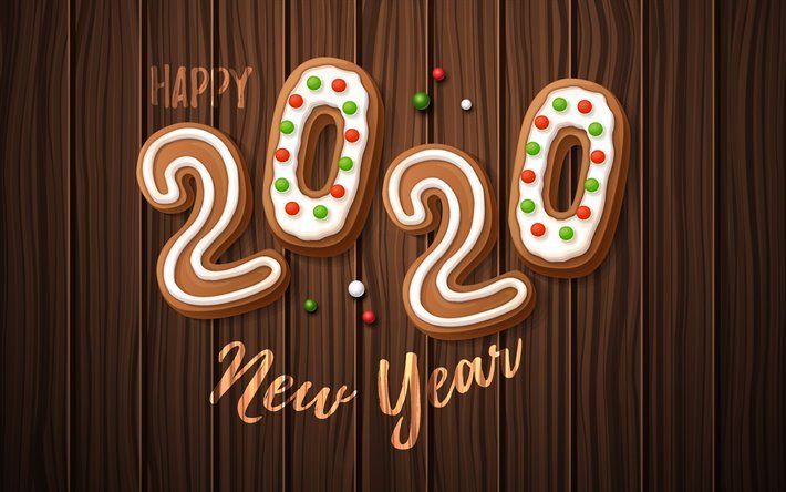 Happy New Year 2020, Christmas cookies, 2020 wooden background, 2020 cartoon background, 2020 concepts, 2020 New Year