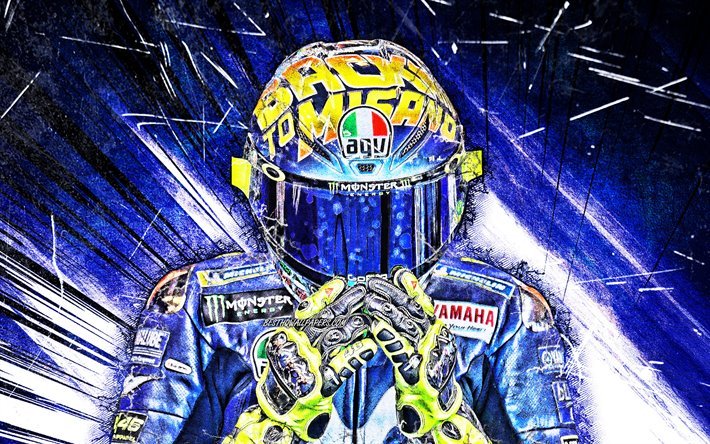 Valentino Rossi, el grunge de arte, de MotoGP, el italiano motoristas, Monster Energy Yamaha de MotoGP, Yamaha, color azul abstracto rayos