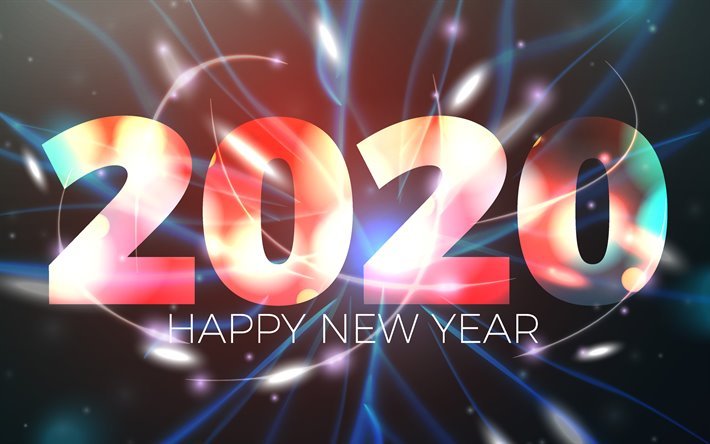 2020 with neon rays, 4k, abstract art, Happy New Year 2020, xmas decorations, 2020 abstract art, 2020 concepts, 2020 on blue background, 2020 year digits