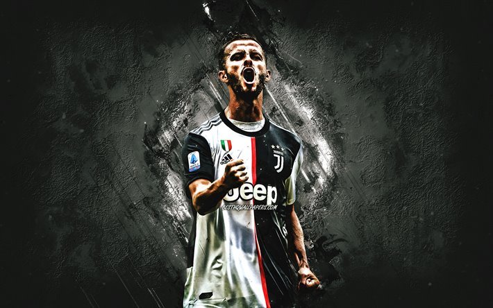 Miralem Pjanic, Juventus FC, Bosnian footballer, midfielder, portrait, white stone background, Serie A, Italy, football, Pjanic Juventus