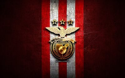 Benfica FC, golden logo, Primeira Liga, red metal background, football, SL Benfica, portuguese football club, Benfica logo, soccer, Portugal