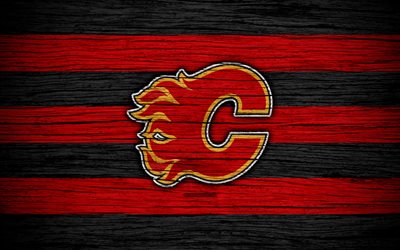 Calgary Flames, 4k, NHL, hockey club, Western Conference, USA, logo, wooden texture, hockey, Pacific Division
