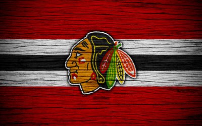 Chicago Blackhawks, 4k, NHL, hockey club, Western Conference, USA, logo, wooden texture, hockey, Central Division