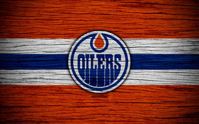 Edmonton Oilers, 4k, NHL, hockey club, Western Conference, USA, logo, wooden texture, hockey, Pacific Division