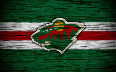 Minnesota Wild, 4k, NHL, hockey club, Western Conference, USA, logo, wooden texture, hockey, Central Division