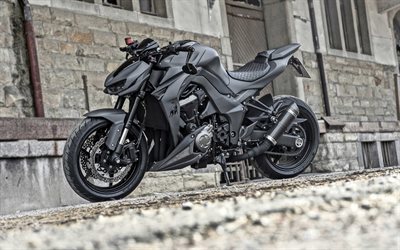 Kawasaki Z1000R, 2018, 4k, noir mat moto, motos sport, tuning Z1000R, Japonais de motos, Kawasaki