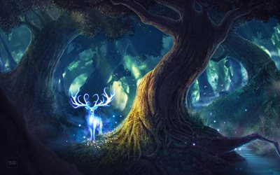 4k, deer, night, magic forest, art