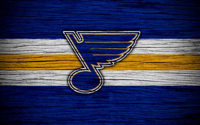 St Louis Blues, 4k, NHL, hockey club, Western Conference, USA, logo, wooden texture, hockey, Central Division