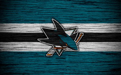 San Jose Sharks, 4k, NHL, hockey club, Western Conference, USA, logo, wooden texture, hockey, Pacific Division