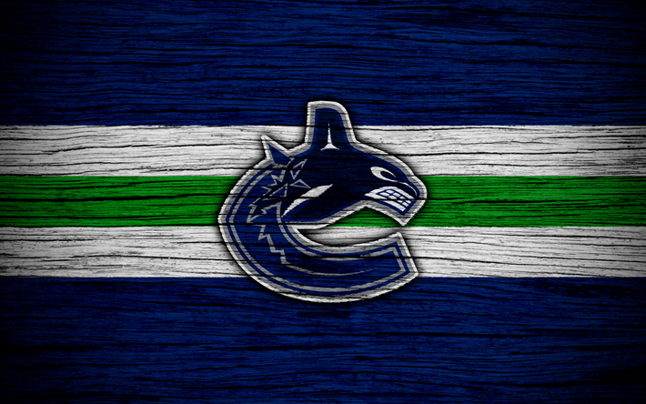 Vancouver Canucks, 4k, NHL, hockey club, Western Conference, USA, logo, wooden texture, hockey, Pacific Division