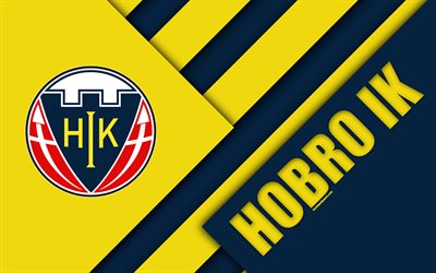 Hobro IK, 4k, material design, giallo, blu astrazione, logo, danese squadra di calcio Hobro, Danimarca Superliga danese, calcio