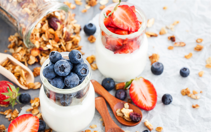 desayuno, 4k, yogur, fresas, ar&#225;ndanos, fresa, comida saludable
