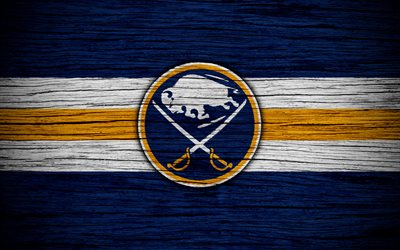 Buffalo Sabres, 4k, NHL, hockey club, Eastern Conference, USA, logo, wooden texture, hockey, Atlantic Division