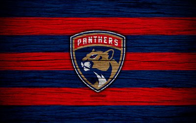 Florida Panthers, 4k, NHL, hockey club, Eastern Conference, USA, logo, wooden texture, hockey, Atlantic Division