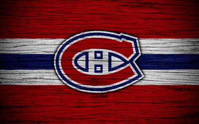 Montreal Canadiens, 4k, NHL, h&#243;quei clube, Confer&#234;ncia Leste, EUA, logo, textura de madeira, h&#243;quei, Divis&#227;o Atl&#226;ntico
