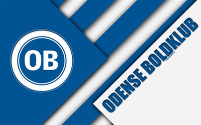 Odense Boldklub, 4k, material design, blue white abstraction, Odense FC logo, Danish football club, Odense, Denmark, Danish Superliga, football