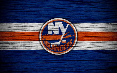 Nova York Islanders, 4k, NHL, h&#243;quei clube, Confer&#234;ncia Leste, EUA, logo, textura de madeira, h&#243;quei, Metropolitana De Divis&#227;o
