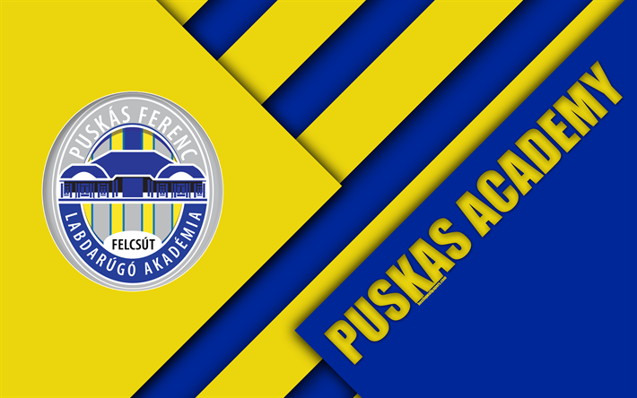 Puskas FC Academy, logo, materiaali suunnittelu, 4k, keltainen-sininen abstraktio, Unkarilainen jalkapalloseura, tunnus, Felcoute, Unkari, OTP Bank Liga, jalkapallo, Mestari On