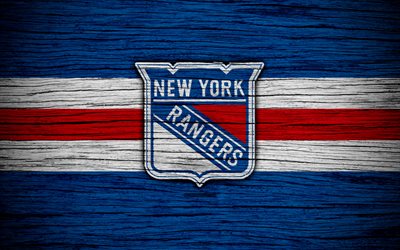 New York Rangers, 4k, NHL, hockey club, NY Rangers, Eastern Conference, USA, logo, wooden texture, hockey, Metropolitan Division