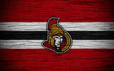 Ottawa Senators, 4k, NHL, h&#243;quei clube, Confer&#234;ncia Leste, EUA, logo, textura de madeira, h&#243;quei, Divis&#227;o Atl&#226;ntico