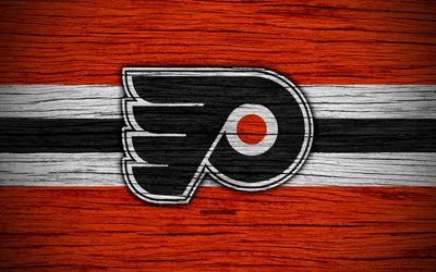 Philadelphia Flyers, 4k, NHL, hockey club, Eastern Conference, USA, logo, wooden texture, hockey, Metropolitan Division