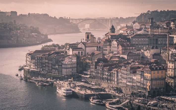 porto, douro-fluss, abend, tourismus, schiffe, reise, portugal