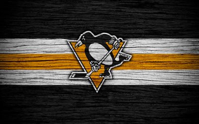 Les Penguins de Pittsburgh, 4k, NHL, hockey club, de Conf&#233;rence est, les &#233;tats-unis, le logo, la texture de bois, de hockey, de la Division M&#233;tropolitaine