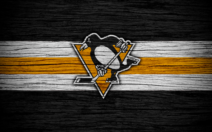 Pittsburgh Penguins, 4k, NHL, hockey club, Eastern Conference, USA, logo, wooden texture, hockey, Metropolitan Division