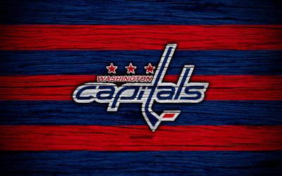 Washington Capitals, 4k, NHL, hockey club, Eastern Conference, USA, logo, wooden texture, hockey, Metropolitan Division