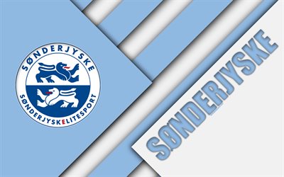 SonderjyskE FC, 4k, materiaali suunnittelu, sininen valkoinen abstraktio, logo, Tanskalainen jalkapalloseura, Hadersleviin, Tanska, Tanskan Superligaen, jalkapallo