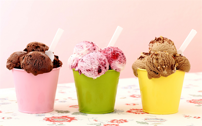 ice cream, sweets, chocolate ice cream, raspberry ice cream, caramel ice cream