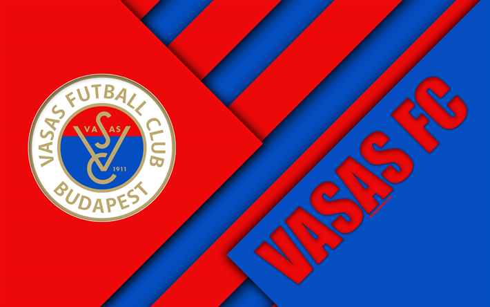 Vasas FC, logo, design de material, 4k, vermelho azul abstra&#231;&#227;o, H&#250;ngara de futebol do clube, emblema, Budapeste, Hungria, OTP Bank Liga, futebol, Campe&#227;o Nacional &#201;
